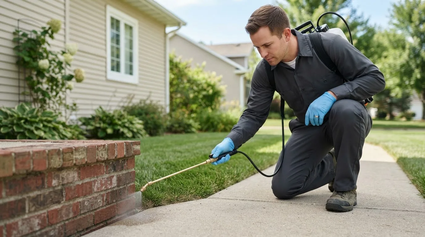 Pest control technician treating a home near Galesburg, IL