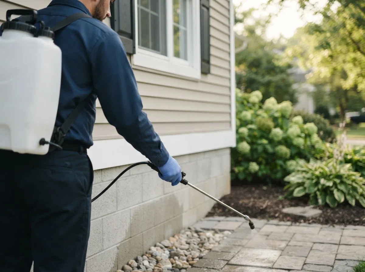 Pest control technician inspecting a home in Galesburg, IL